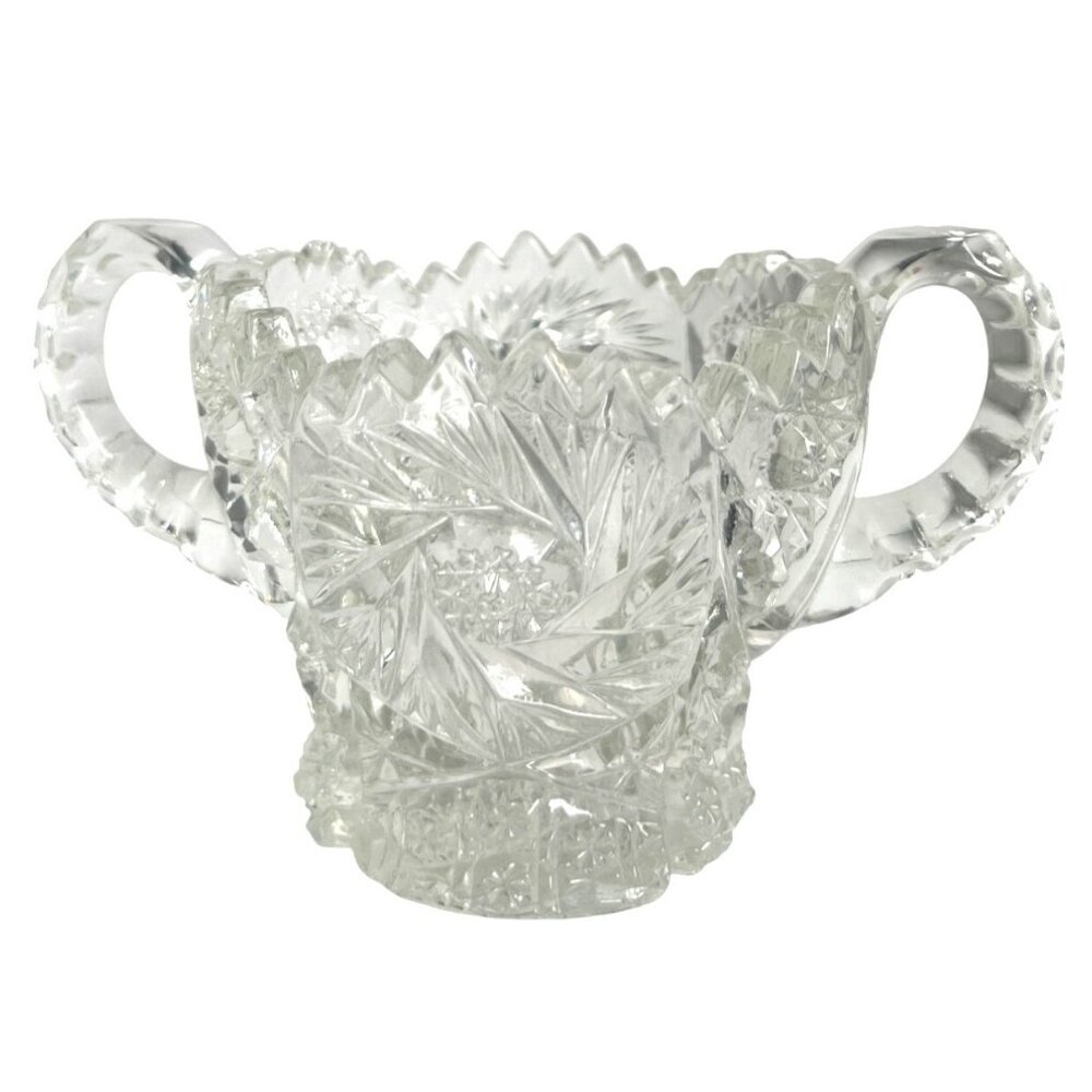 VTG EAPG Pressed Glass Sugar Bowl Two Handles & Intricate Starburst‎ Design READ